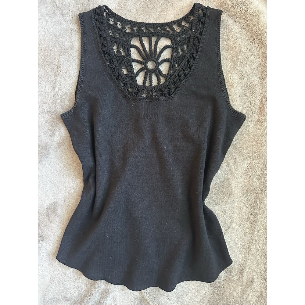 Vintage Dana Buchman Black Knit Tank Top Medium Crochet Lace Linen Blend